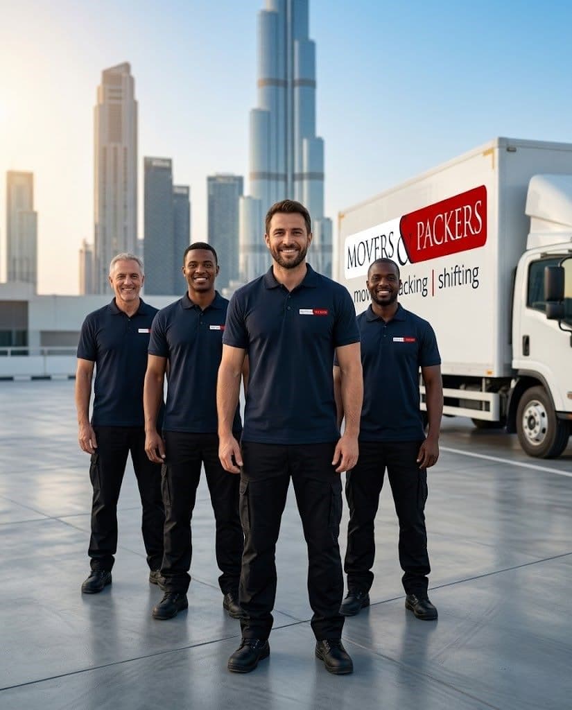 Movers and Packers in uae professional moving team standing confidently in front of a branded company truck with the Dubai skyline in the background
