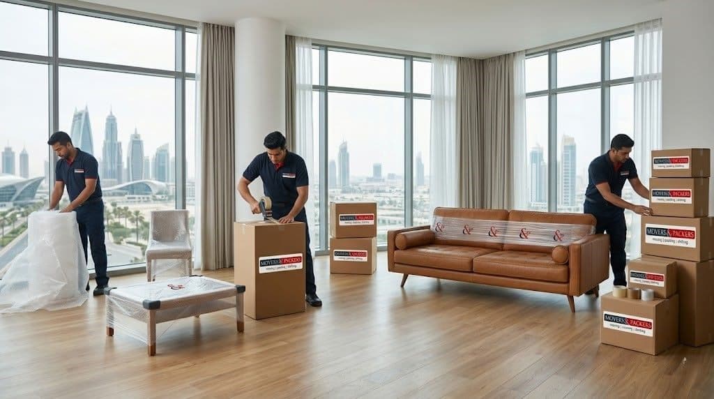 Apartment moving service in Dubai with movers packing and loading furniture into a truck
