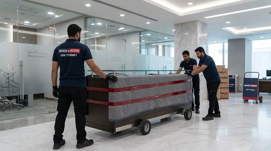 Movers and Packers in UAE professional team carefully relocating a bank teller counter inside a modern Dubai bank branch