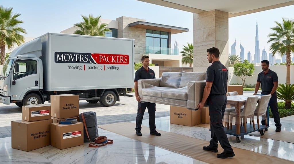 Professional furniture movers in UAE handling furniture moving with specialized equipment and trained team members