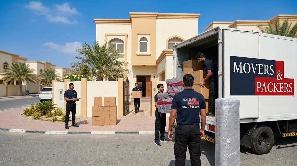 movers in ajman professional team loading wrapped furniture and boxes into a branded moving truck outside a residential house in Ajman UAE