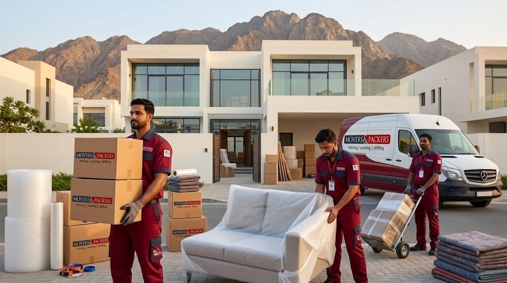 Professional movers in Fujairah with branded uniforms and company equipment moving household items and furniture from modern villa - expert moving and packing services