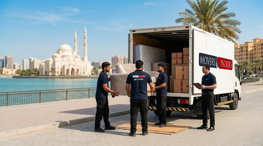 Movers and Packers in UAE professional team loading furniture into a branded moving truck on the Sharjah corniche with Al Noor Mosque visible in the background