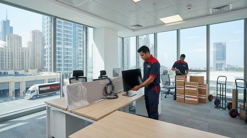 Office Movers in Dubai with movers handling IT equipment and workstations carefully