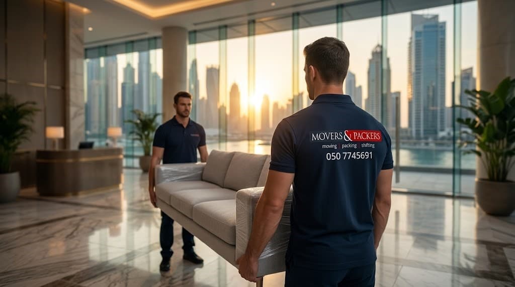 Two professional Movers & Packers team members carrying a large sofa through a luxury Dubai residential building lobby