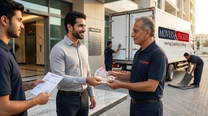 UAE client making cash payment in AED dirhams to Movers & Packers team after a successfully completed move outside a residential building