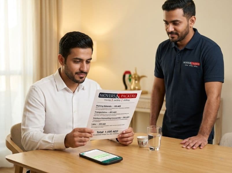 UAE client reviewing a clear itemized Movers & Packers moving quote document with no hidden charges before confirming a moving booking
