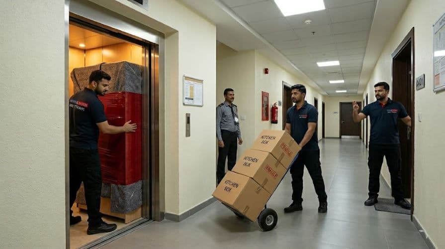 Movers and Packers in UAE team efficiently moving wrapped furniture through an elevator and corridor inside an Ajman residential apartment building