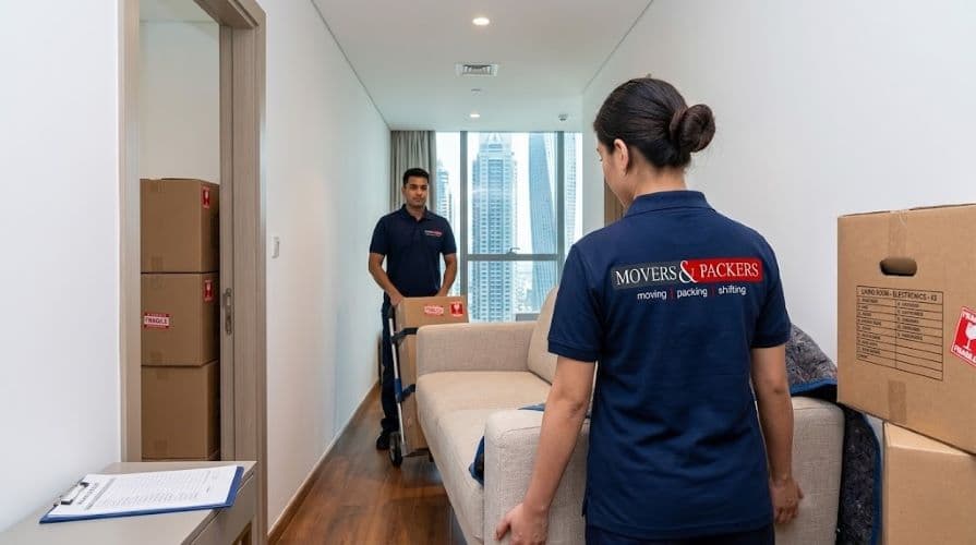Apartment movers in Dubai relocating furniture through modern flat with professional equipment and branded uniforms