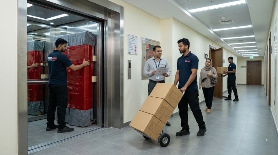 Movers and Packers in UAE team moving wrapped furniture through an elevator and corridor with building management approval inside a Fujairah apartment building