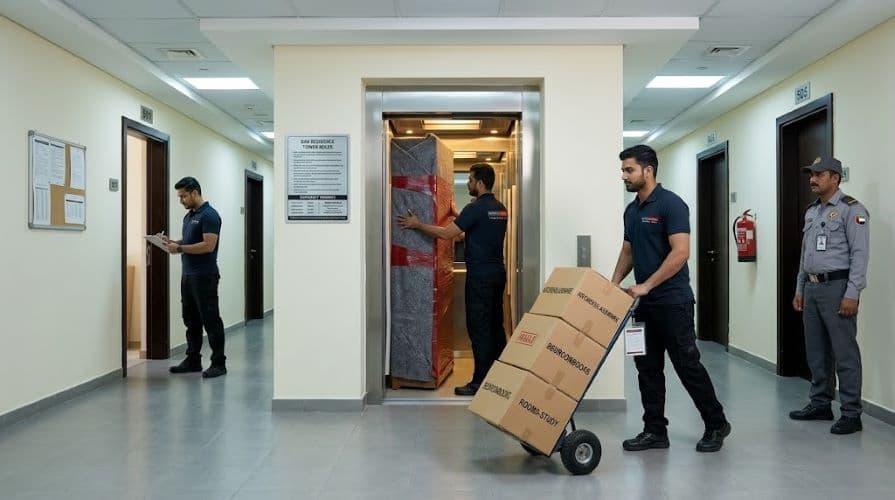 Movers and Packers in UAE team efficiently moving wrapped furniture through an elevator corridor inside a Ras Al Khaimah residential apartment building