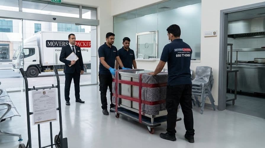 Licensed Movers & Packers team professionally relocating institutional furniture and equipment for commercial clients in Ajman