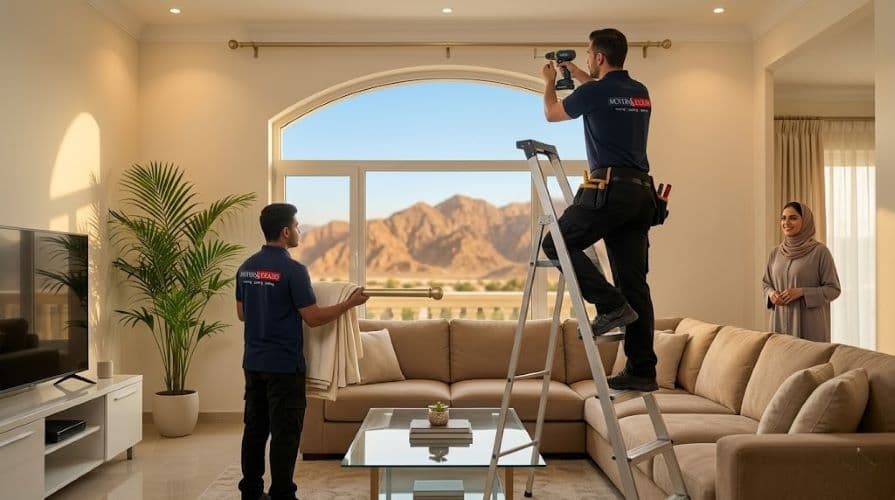 Movers and Packers in UAE handyman installing curtain rods and curtains in a freshly moved-into Ras Al Khaimah villa living room with Hajar Mountains visible through the window