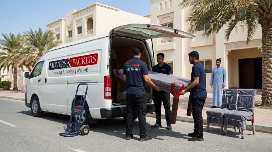 Movers and Packers in UAE team carefully loading a wrapped dining table and chairs into a branded van outside an Ajman residential building