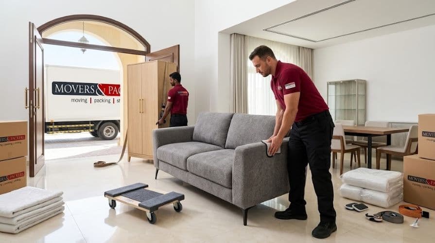 Professional furniture movers in Al Ain carefully moving modern sofa and wardrobe with specialized equipment - single furniture item moving services