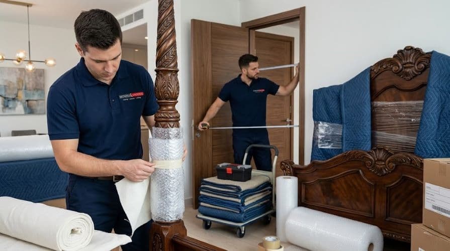 Expert furniture movers Dubai carefully disassembling and protecting wooden furniture with professional padding materials