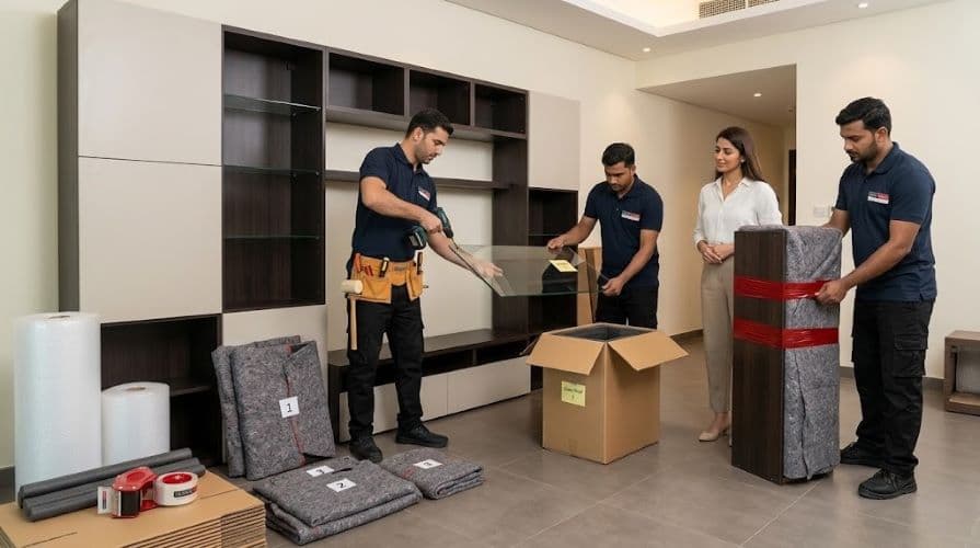 Movers and Packers in UAE specialist carpenter carefully dismantling a modular Italian wall unit for a single-item furniture move in a Fujairah apartment