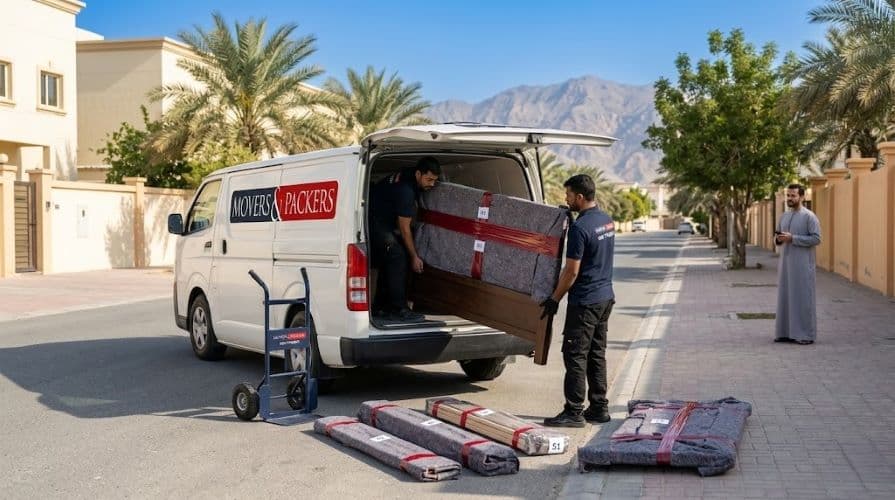 Movers and Packers in UAE team carefully loading a dismantled and wrapped king-size bed into a branded van outside a Ras Al Khaimah residential villa
