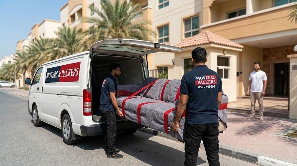 Movers & Packers team loading a wrapped L-shaped sofa into a branded moving van outside a Sharjah residential building