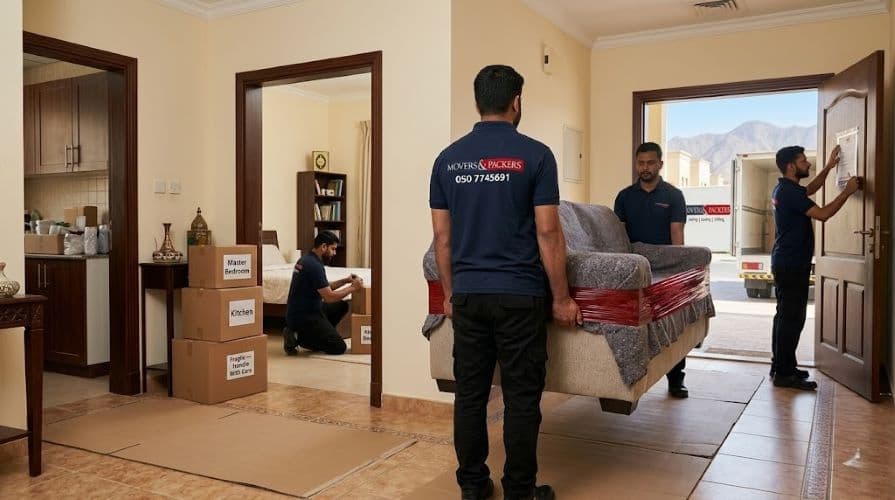 Movers and Packers in UAE team carrying a wrapped sofa and labeling boxes during a complete home moving service inside a Ras Al Khaimah residential house