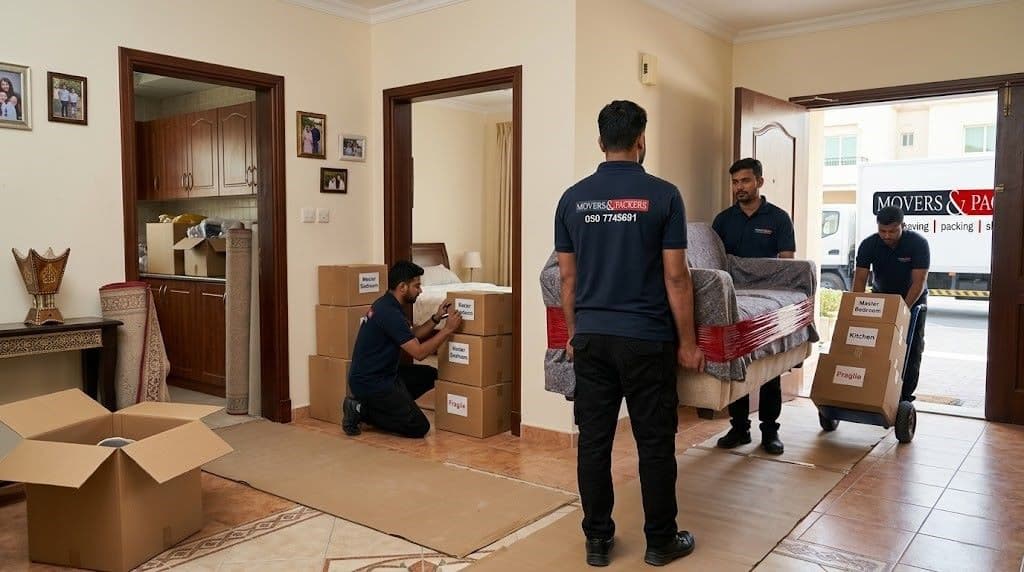 Movers and Packers in UAE team carefully carrying wrapped sofa and labeled boxes during a full house shifting service inside an Ajman home