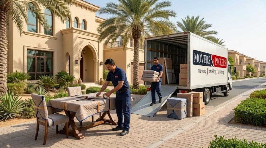 Professional house movers Dubai loading residential furniture with protective materials and branded truck