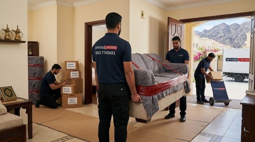 Movers and Packers in UAE team carefully carrying a wrapped sofa and labeling boxes during a complete house moving service inside a Fujairah residential home
