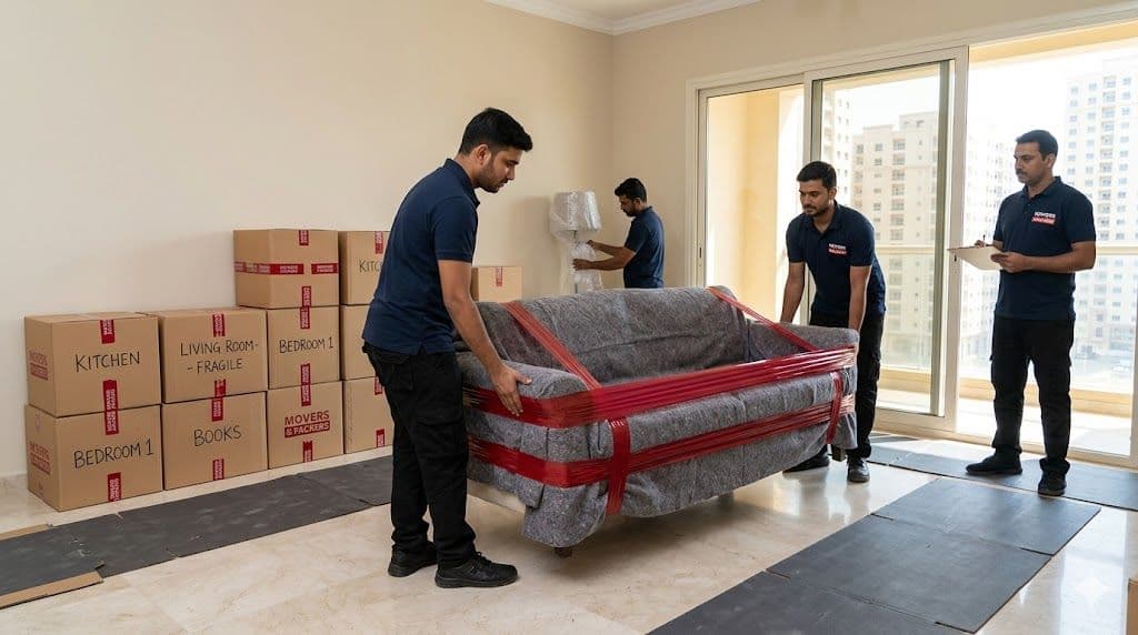 Movers & Packers team carefully carrying a wrapped sofa and packed boxes during a full home shifting service in Sharjah