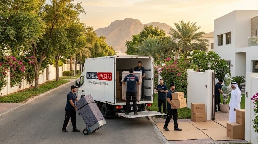 Professional house and villa movers in Al Ain with branded uniforms carefully packing furniture and boxes in a modern white villa with moving truck visible - residential moving services