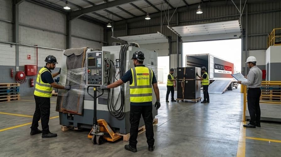 Movers and Packers in UAE team using hydraulic equipment to safely relocate heavy industrial machinery and a large safe inside an Ajman warehouse facility