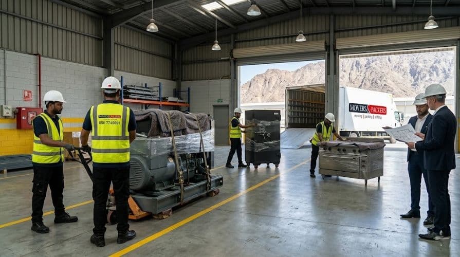 Movers and Packers in UAE specialist team using hydraulic equipment to safely relocate heavy industrial machinery and a large safe inside a Fujairah industrial facility