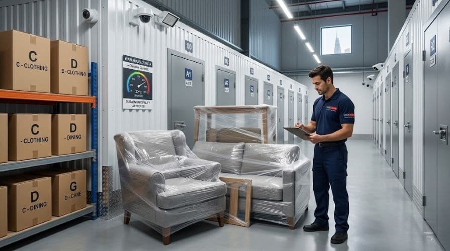 Climate-controlled moving and storage facility Dubai with organized furniture and inventory management system