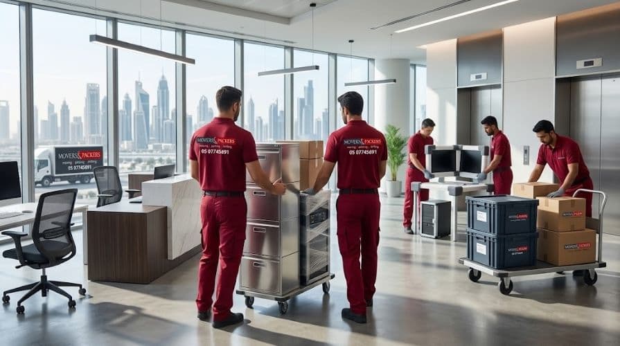 Professional office and commercial movers in Al Ain with branded uniforms and company phone number moving corporate equipment and servers - commercial relocation services