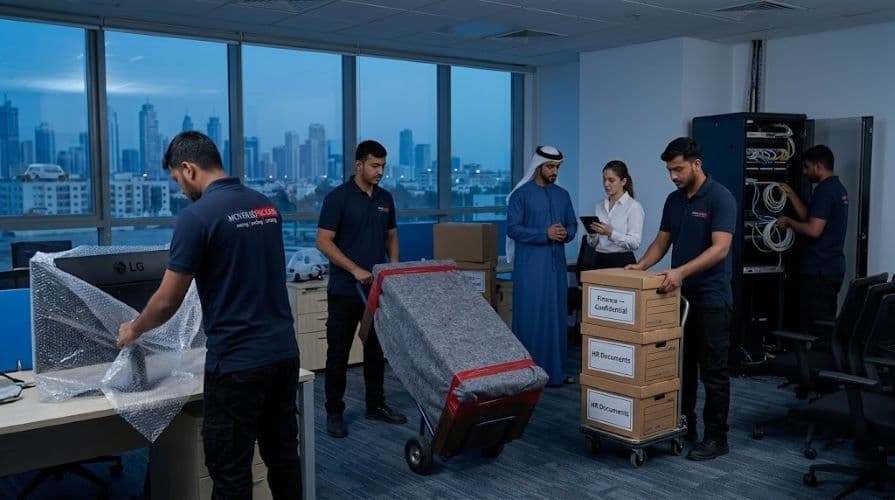 Movers and Packers in UAE team packing workstations, monitors, and office furniture during a professional after-hours office relocation in Ajman
