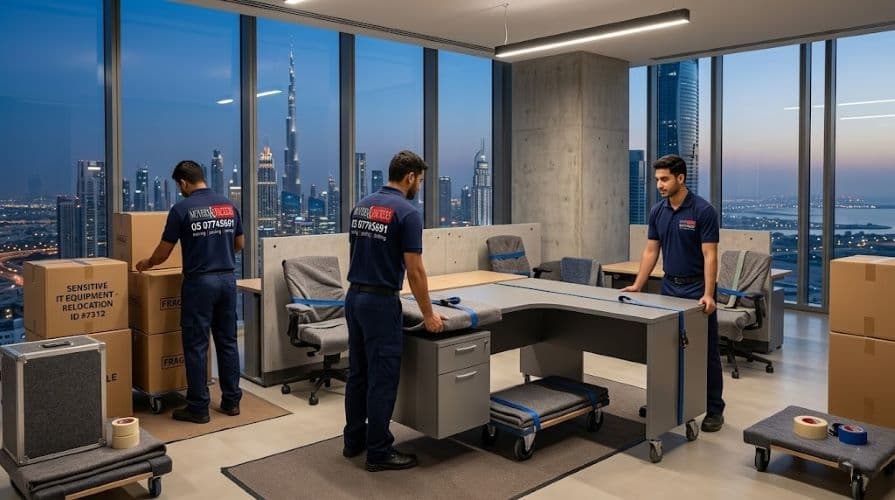 Commercial office movers Dubai relocating IT equipment and desks in downtown corporate space