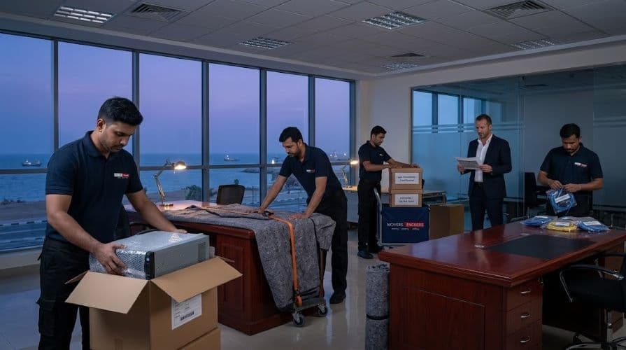 Movers and Packers in UAE team professionally packing IT equipment, documents, and office furniture during an after-hours office relocation in Fujairah