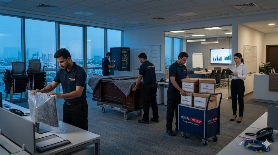 Movers and Packers in UAE team packing workstations, IT equipment, and office furniture during a professional after-hours office relocation in Ras Al Khaimah
