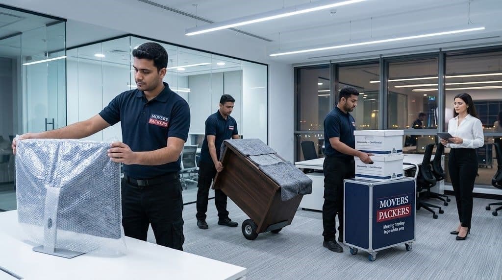 Movers & Packers team carefully packing office equipment and furniture during a professional office relocation in Sharjah