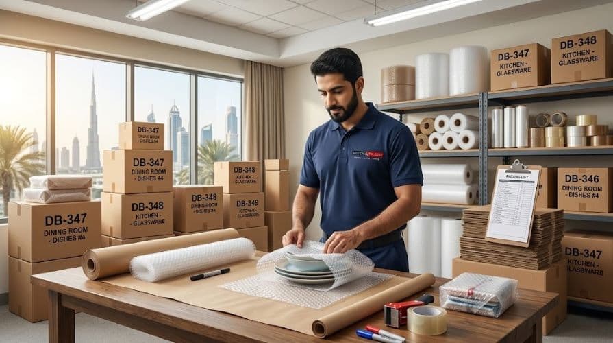 Professional packing services Dubai with organized materials, labeled boxes, and experienced packer wrapping fragile items
