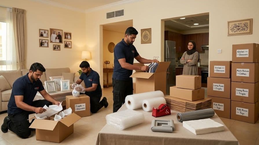 Movers and Packers in UAE team professionally packing fragile items, glassware, and clothes with bubble wrap and branded materials inside a Ras Al Khaimah home