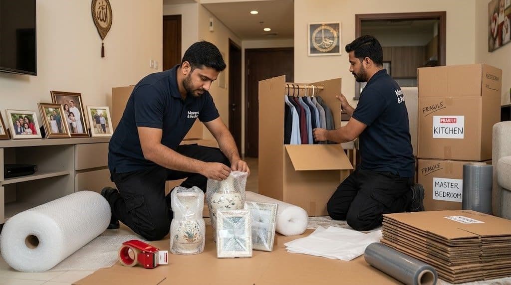 Movers & Packers team professionally packing fragile items and clothes using bubble wrap and branded packing materials in a Sharjah apartment