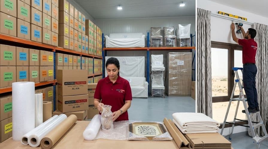 Professional packing and storage services in Al Ain warehouse with labeled boxes, bubble wrap, furniture storage, and curtain installation - complete moving solutions