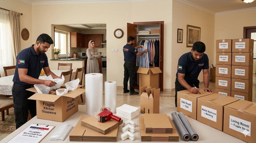 Movers and Packers in UAE team professionally packing and labeling fragile kitchen items and clothes using proper packing materials inside a Fujairah home