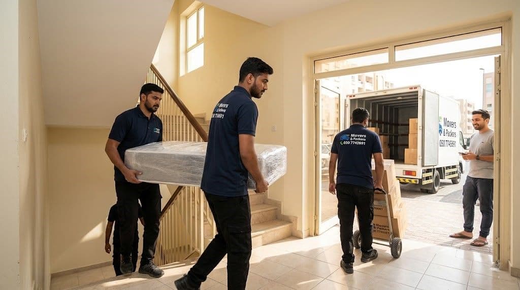 Movers & Packers team urgently carrying mattress and boxes down a Sharjah apartment stairwell during a same-day moving service