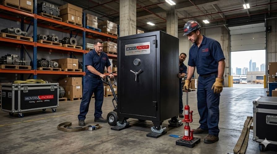 Specialized movers Dubai handling heavy safes and industrial equipment with professional hydraulic equipment and safety standards