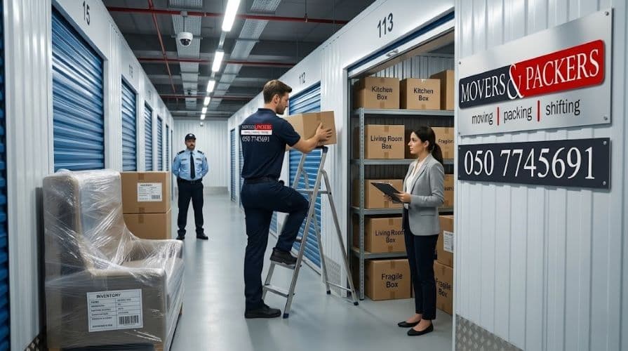 Movers and Packers in UAE team member organizing labeled boxes and wrapped furniture inside a clean secure storage facility in Ajman