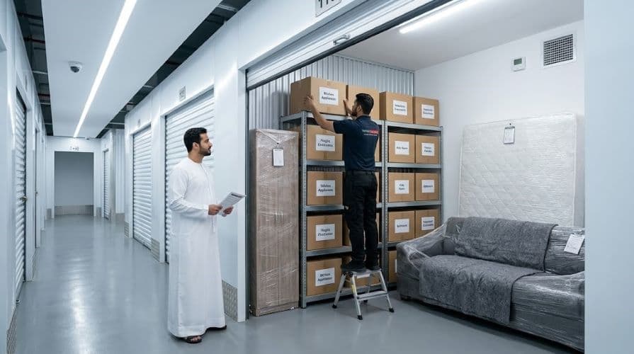 Movers and Packers in UAE team member organizing labeled boxes and wrapped furniture inside a secure climate-aware storage warehouse in Fujairah