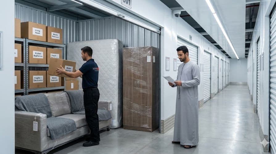 Movers and Packers in UAE team member carefully organizing labeled boxes and wrapped furniture inside a clean secure storage facility in Ras Al Khaimah