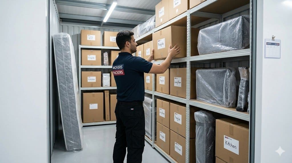 Movers & Packers team member organizing labeled boxes and wrapped furniture inside a clean secure storage facility in Sharjah