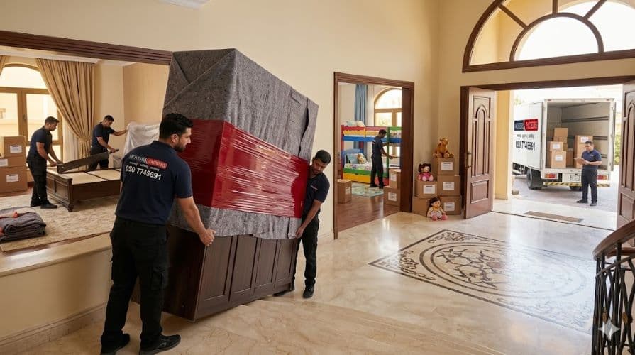 Movers and Packers in UAE team carrying a wrapped wardrobe downstairs and dismantling bedroom furniture during a large villa move in Ajman